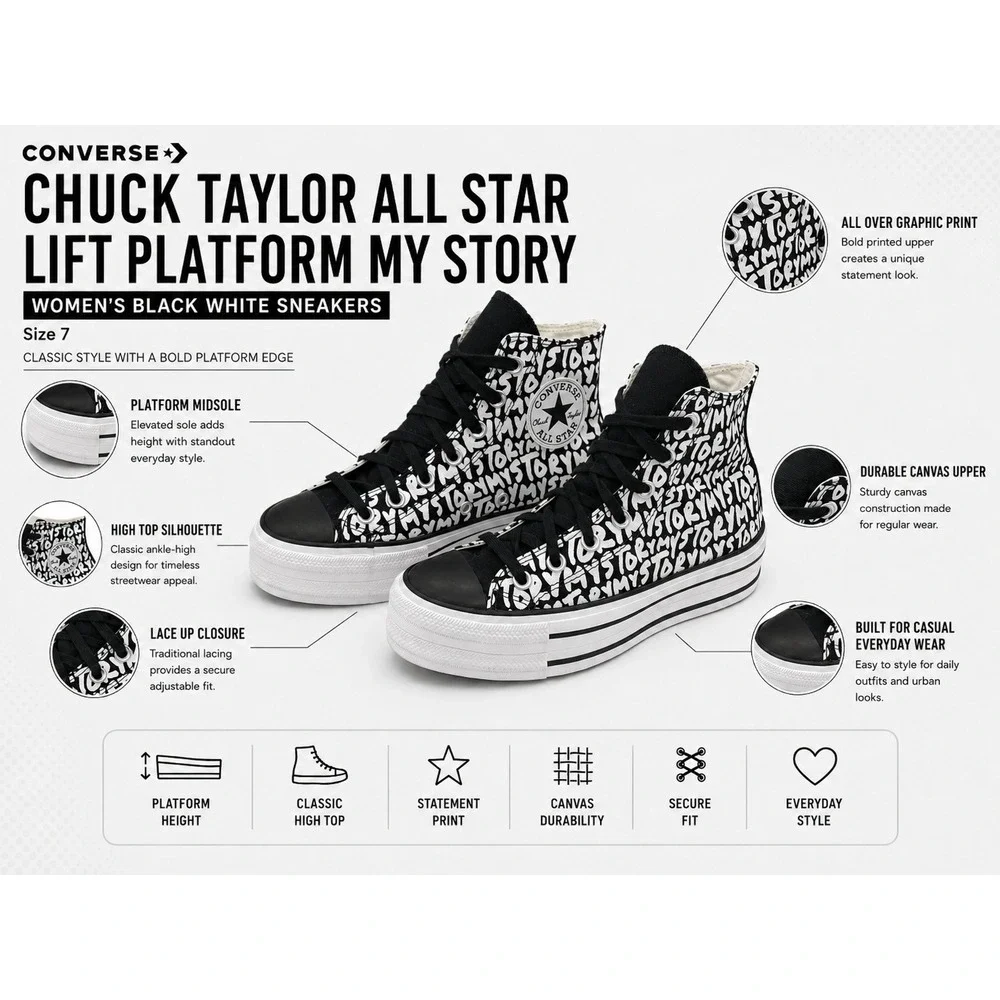 Converse Chuck Taylor All Star My Story Womens 7 Platform High Top Shoes 570321C